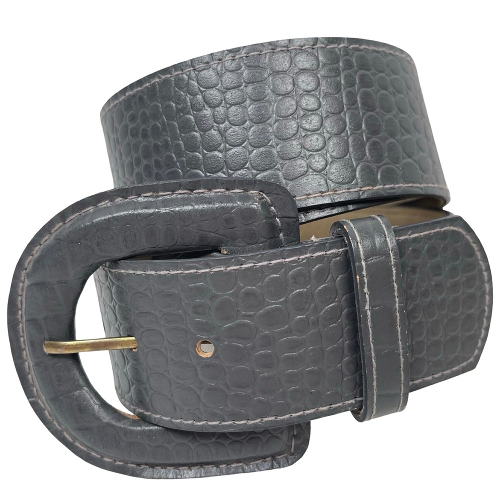 Vintage Bonded Leather Croc Embossed Belt Womens M Gray Wide Wrapped Buckle‎